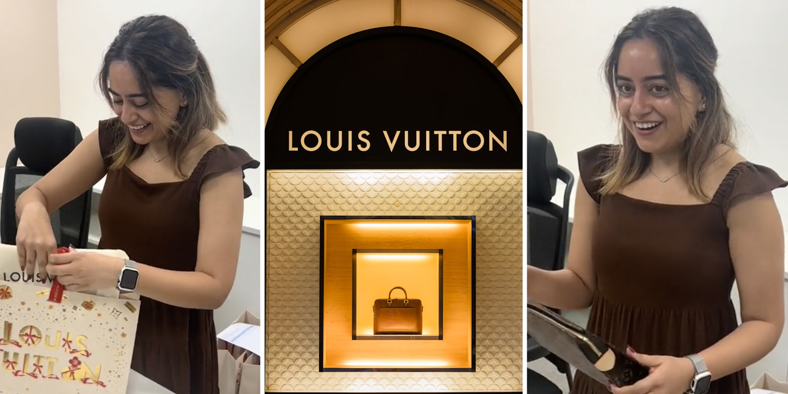 Woman opening gift(l+r), Louis Vuitton store(c)