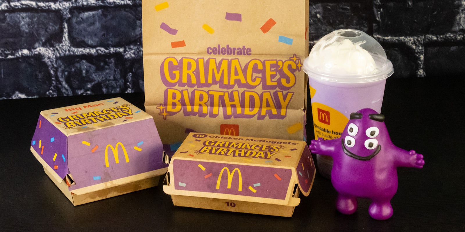 McDonald's Grimace's Birthday Meal with Big Mac, Fries, Chicken Nuggets, Milkshake, Grimace Toy