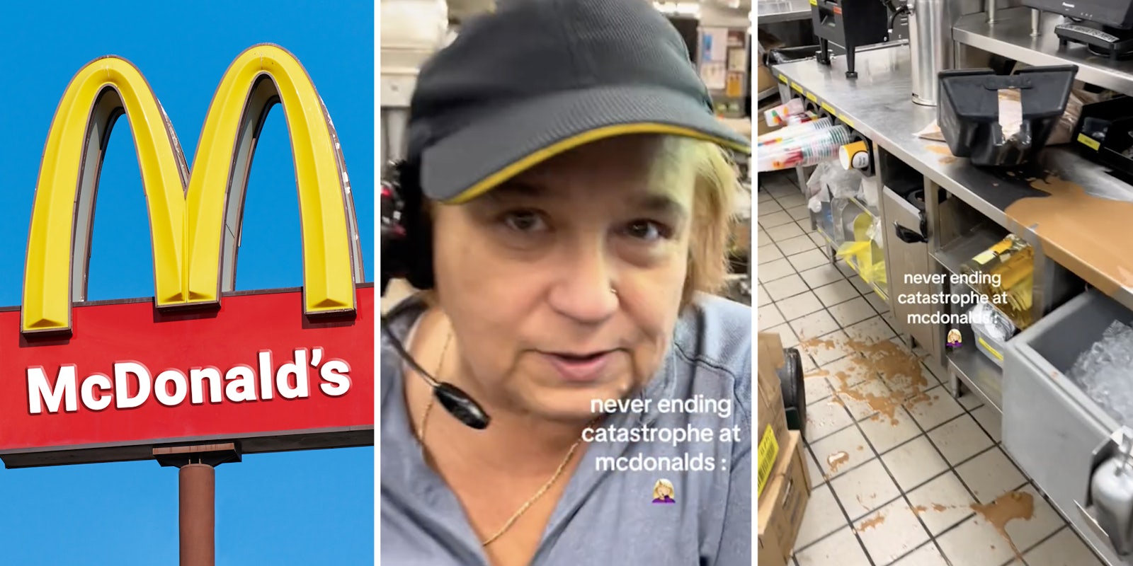 McDonald's arches(l), Woman talking(c), Mess(r)