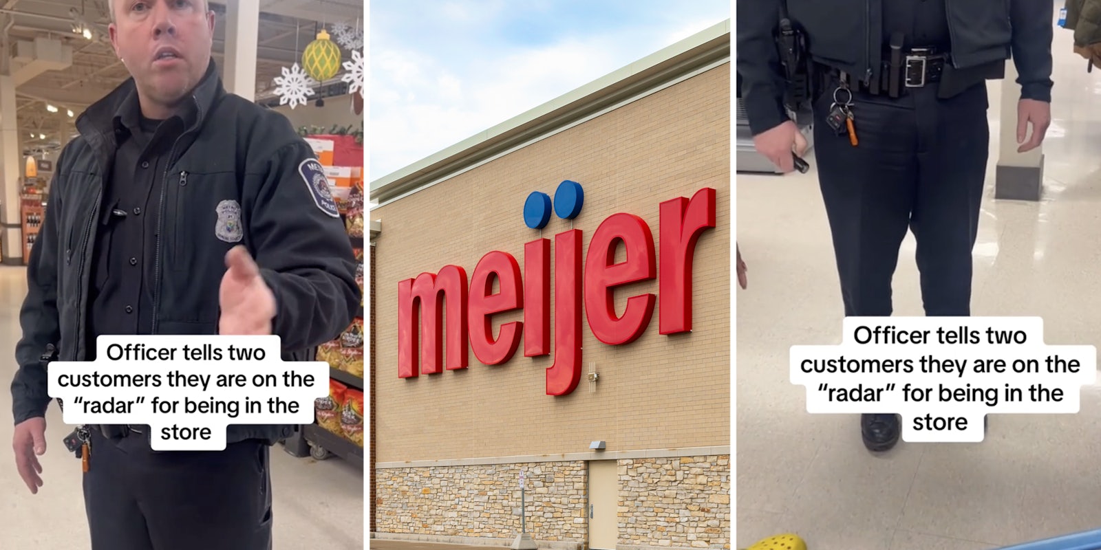 Police officer being racist(l+r), Meijer storefront(c)