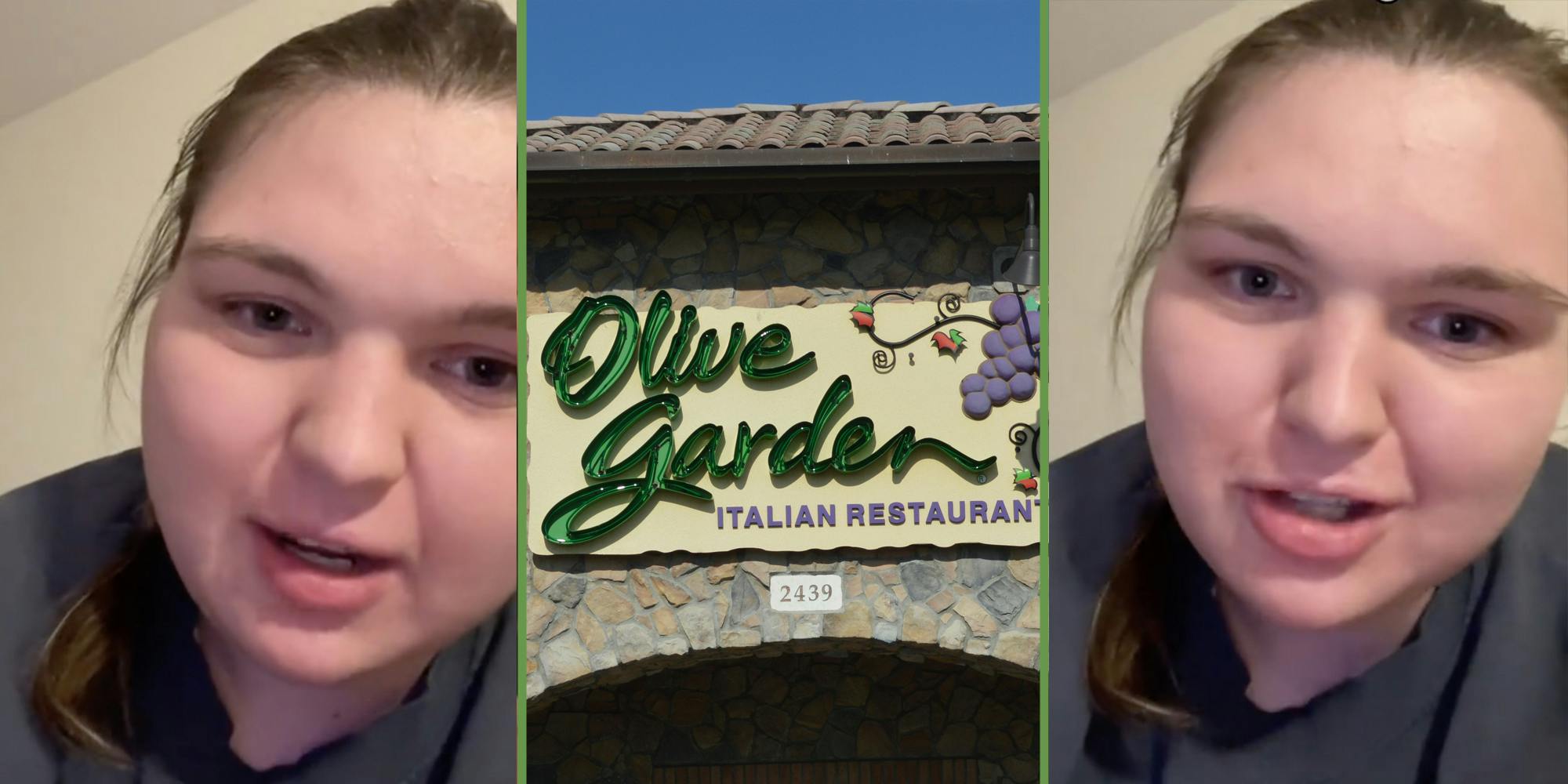 Woman talking(l+r), Olive Garden exterior(c)