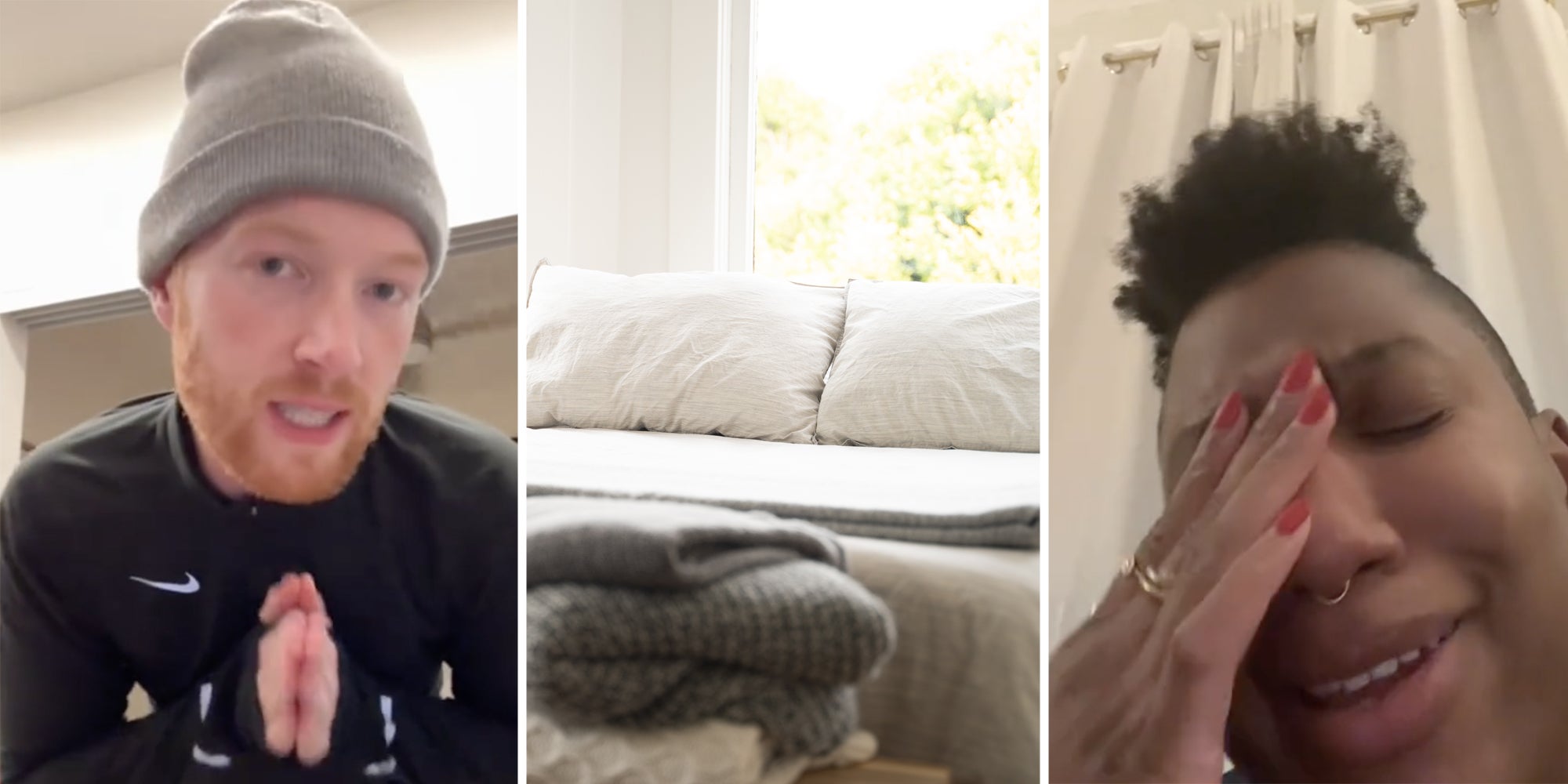 Man talking(l), Bed(c), Person covering face(r)