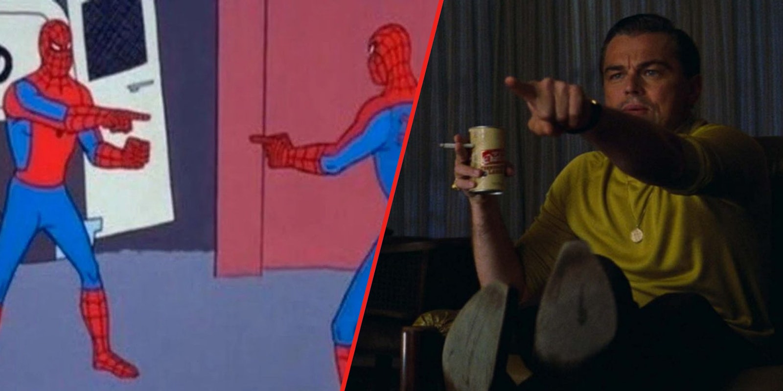 Spiderman pointing at other spiderman(l), Pointing Rick Dalton played by Leonardo Dicaprio(r)