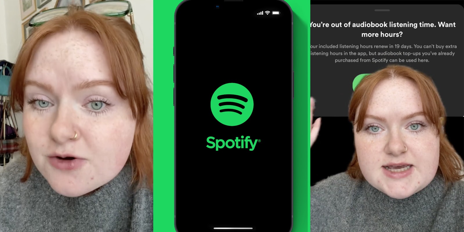 Woman talking(l+r), Phone with Spotify app(c)