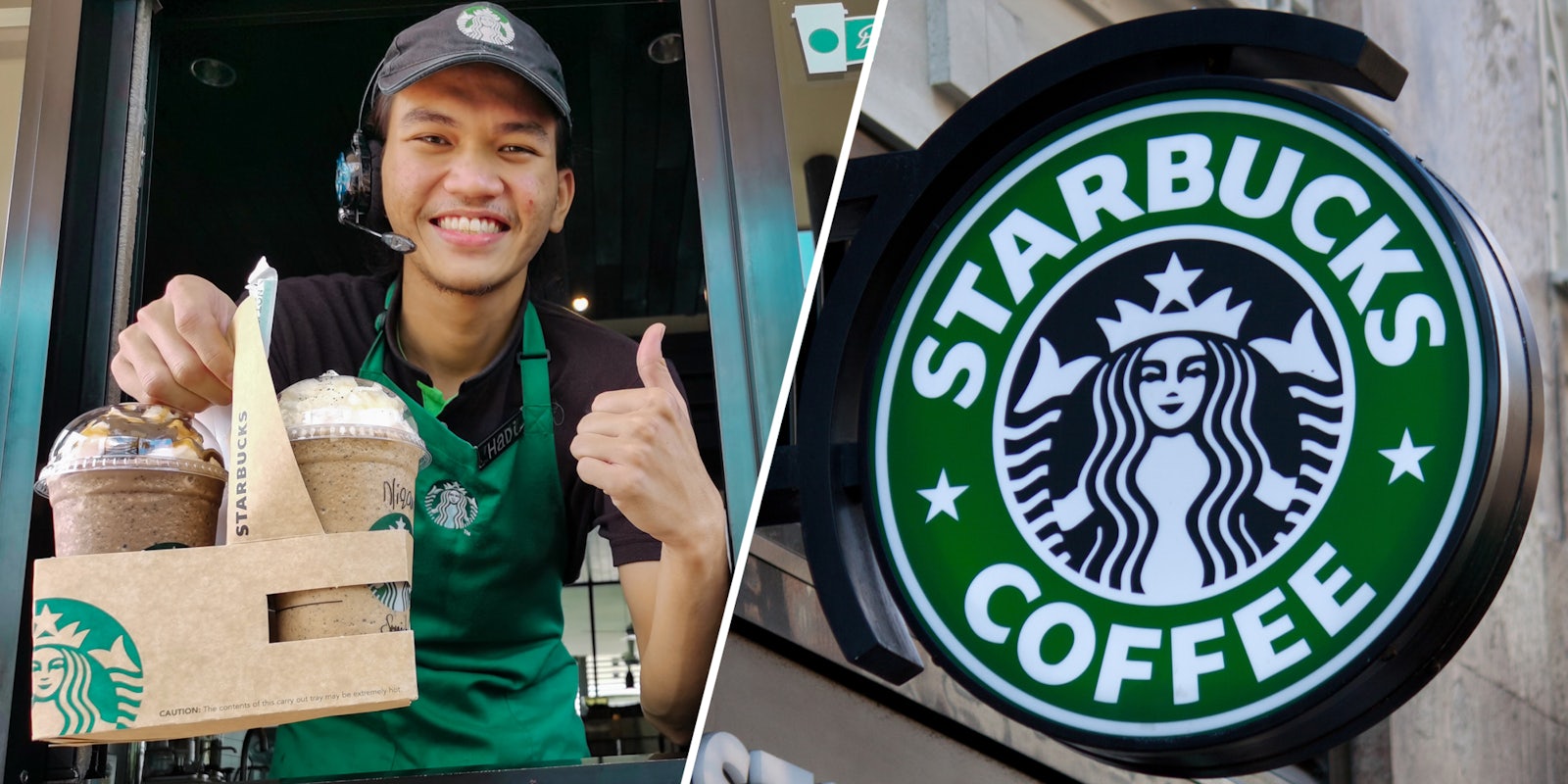 Starbucks drive thru worker(l), Starbucks sign(r)