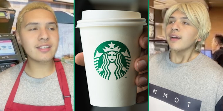 Man talking(l), Starbucks cup(c), Man dressed as Karen customer(r)