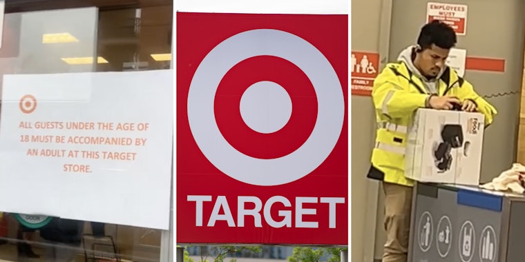 Target sign of 18 years old must be accompanied(l), Target sign(c), Man checking out item(r)