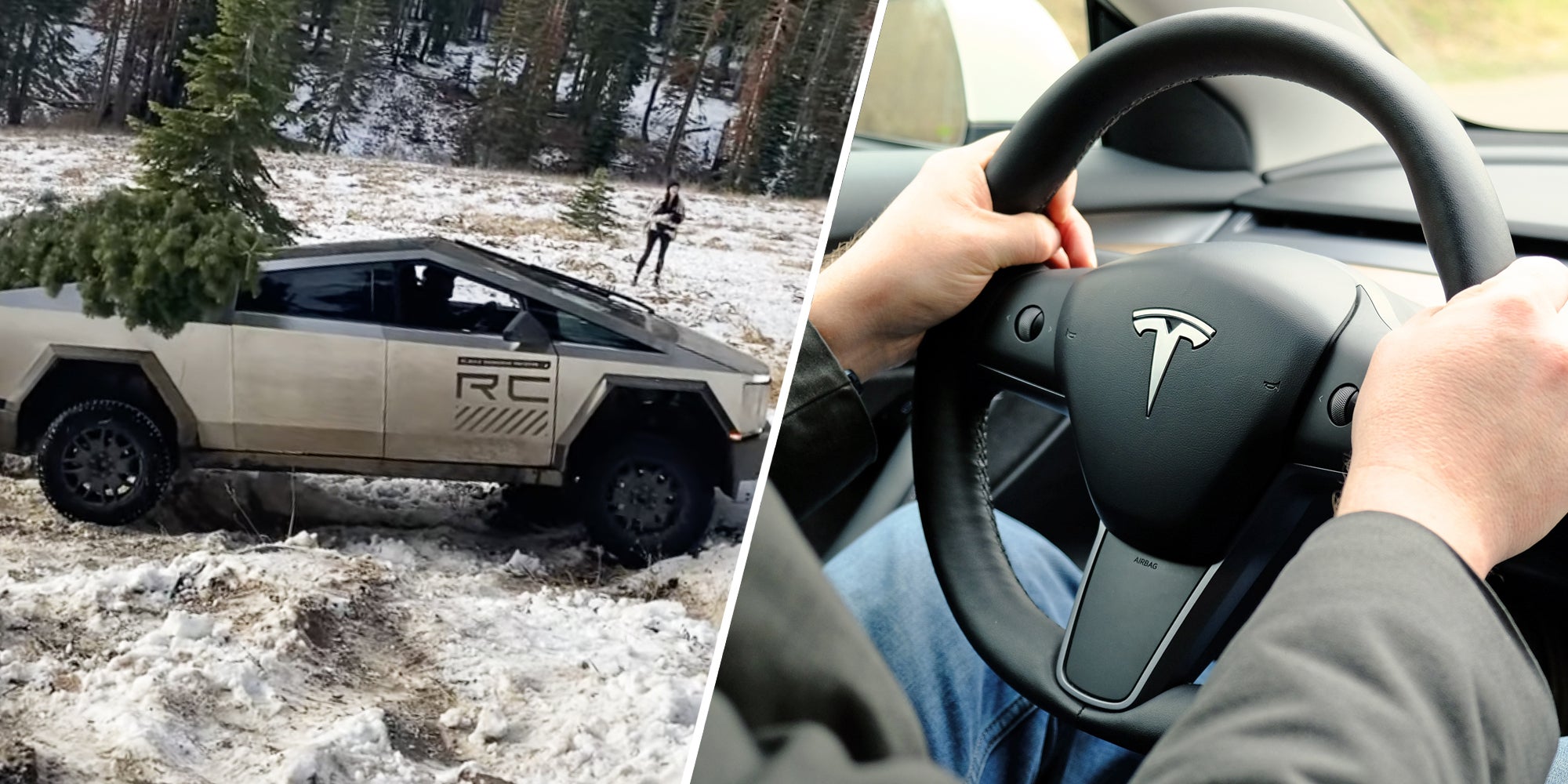 Tesla cybertruck on snow(l), Interior of Tesla(r)