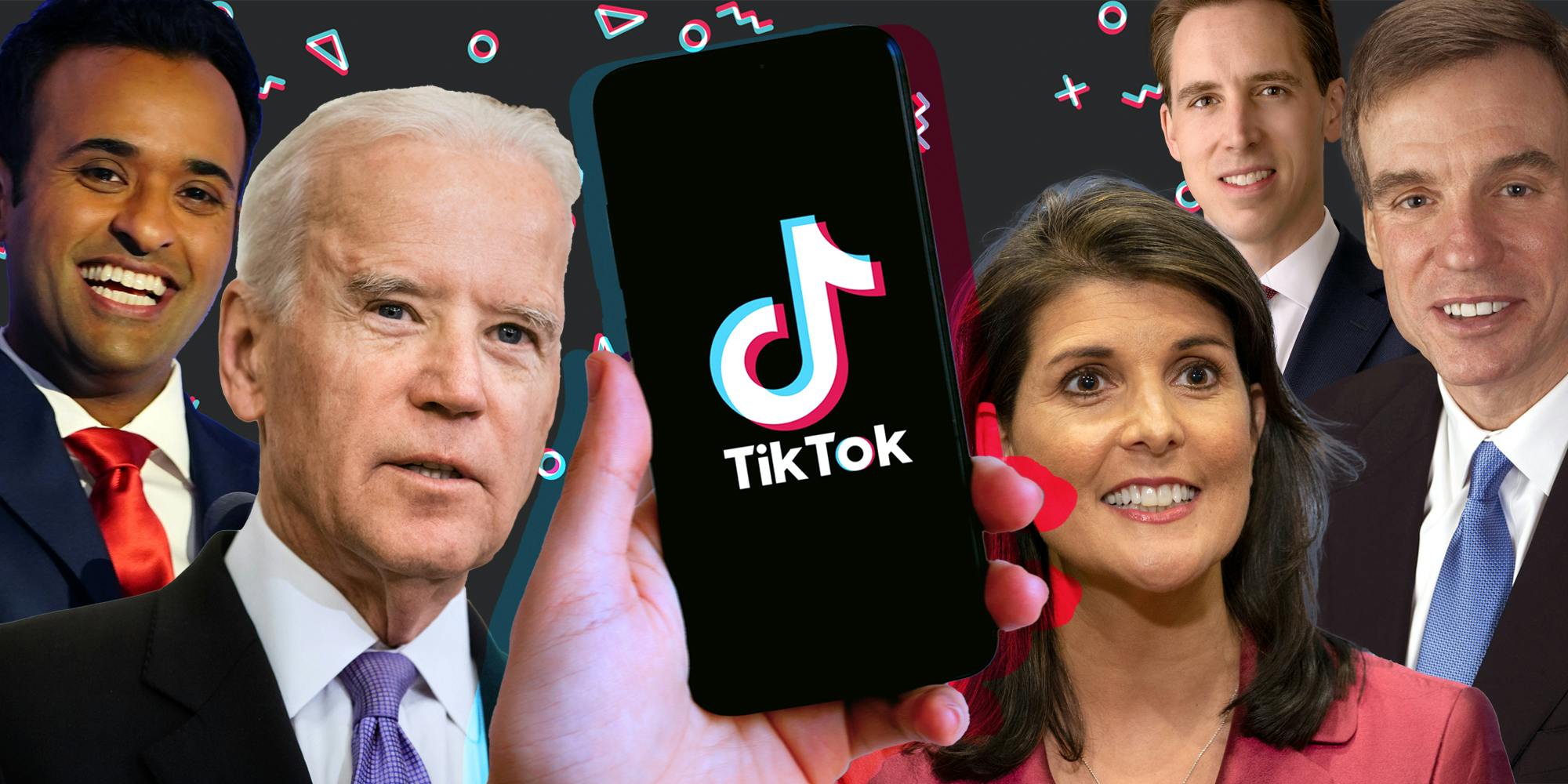 Hand holding phone with Tiktok open surrounded by floating head politicians joe biden, nikki haley, vivek ramaswamy, mark warner, josh hawley