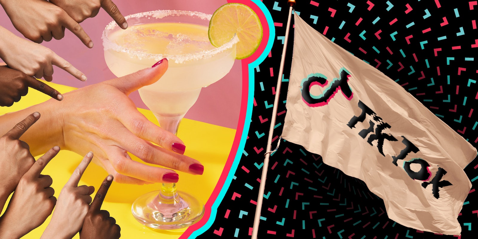 Hands pointing at hand reaching for margarita(l), Beige flag with tiktok logo(r)