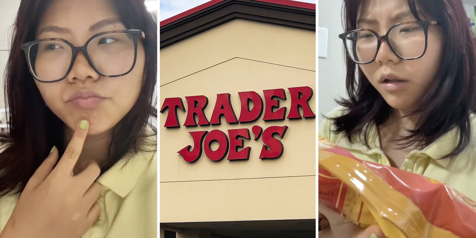 Woman looking confused(l+r), Trader Joe's sign(c)