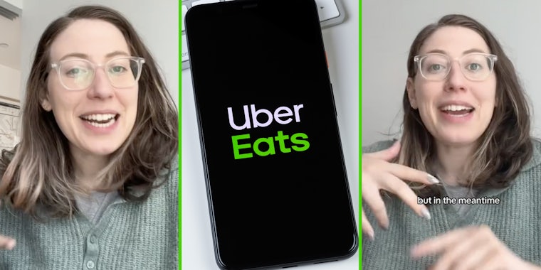 Woman talking(l+r), Uber Eats app on phone(c)