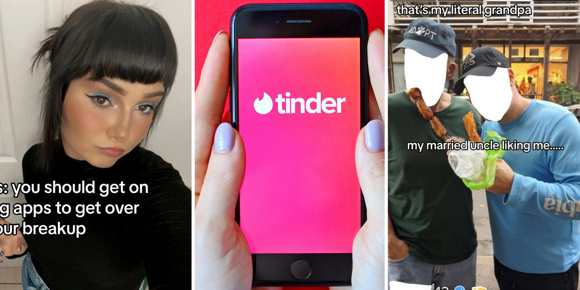 Girl posing(l), Hands holding phone with tinder app(c), Whited out face of two men(r)