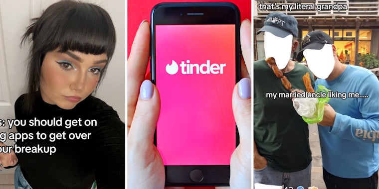 Girl posing(l), Hands holding phone with tinder app(c), Whited out face of two men(r)