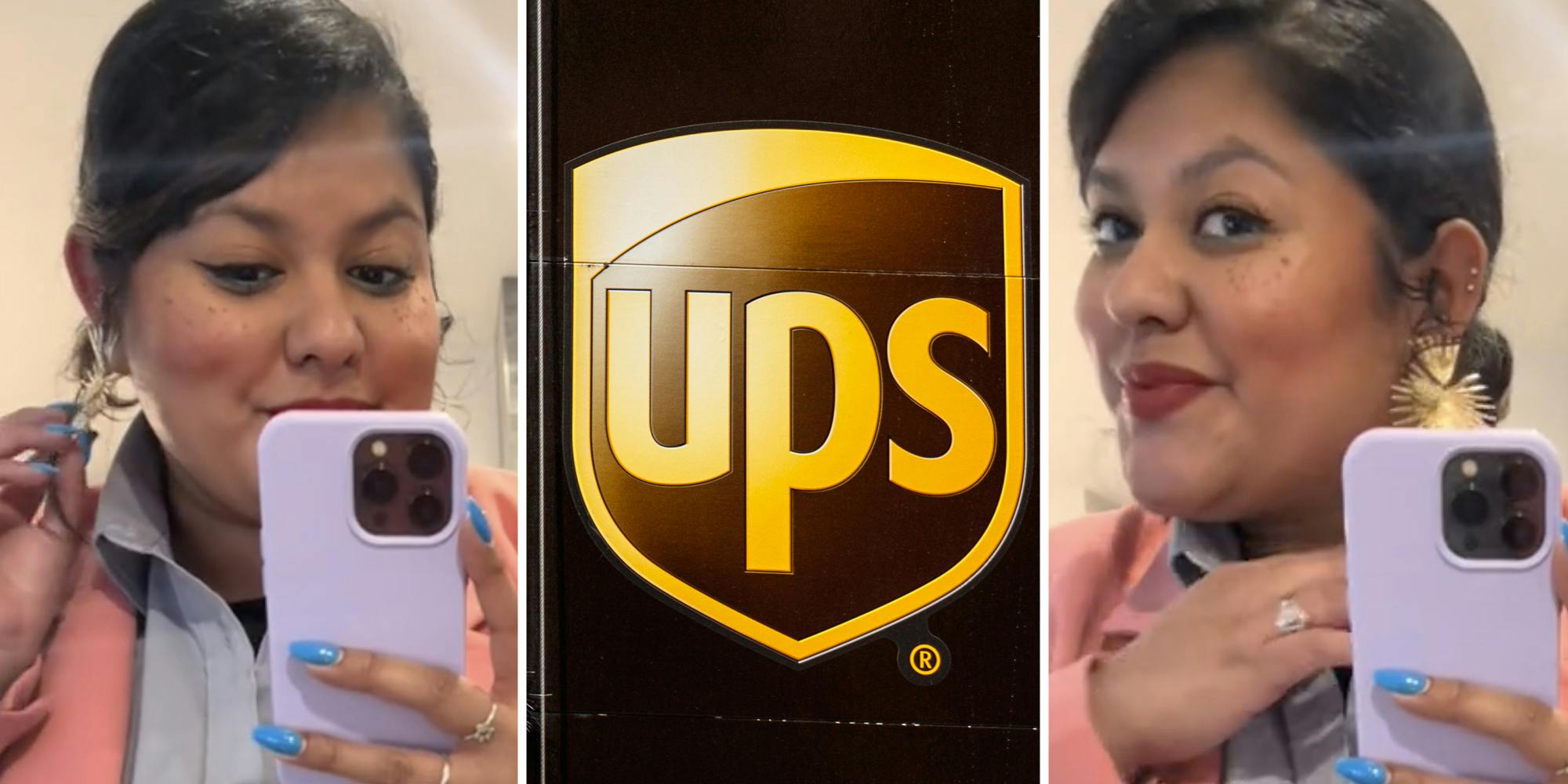 Woman with phone(l+r), UPS logo(c)