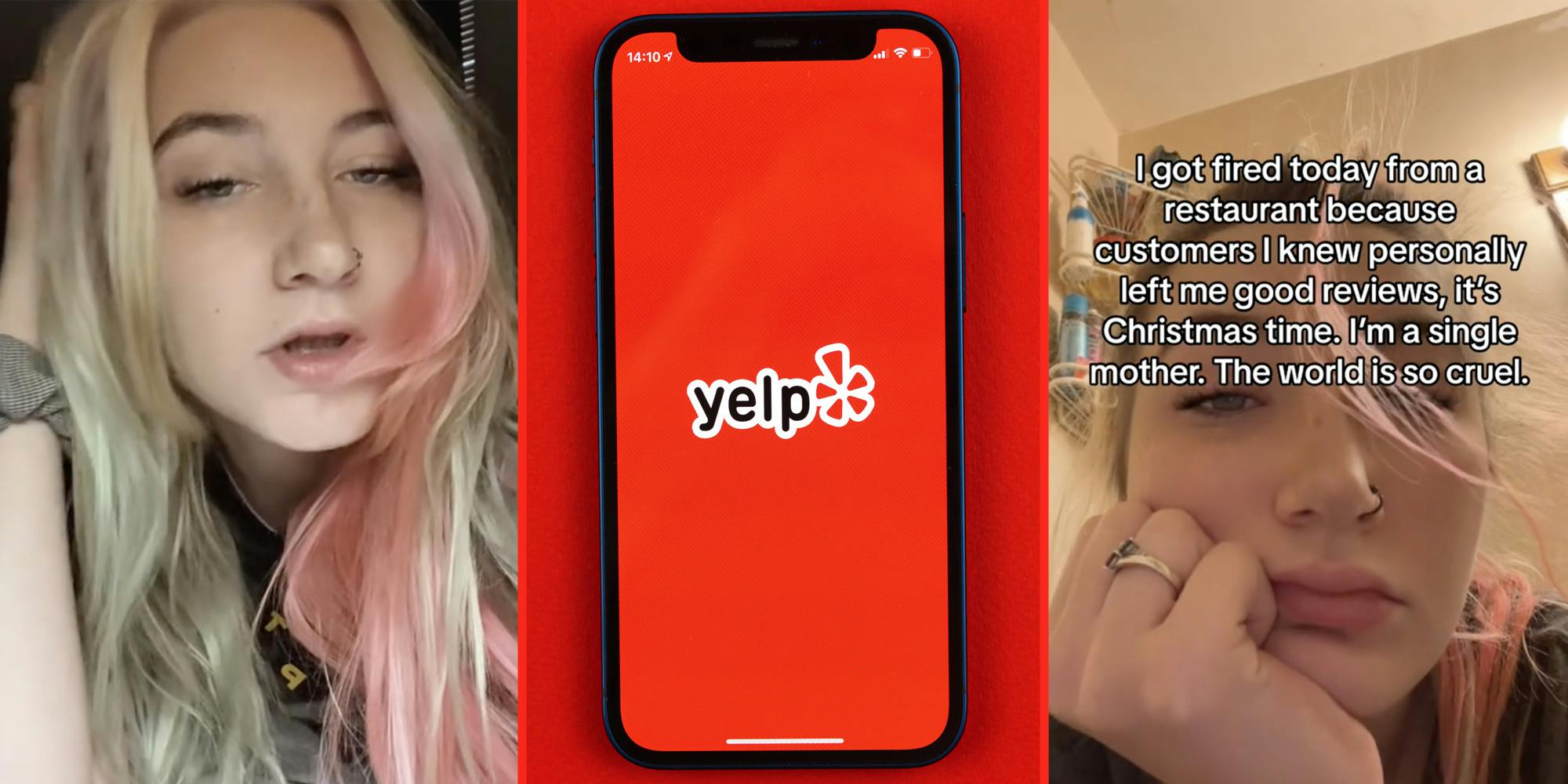 Woman talking(l), Yelp app on phone(c), Text over woman's face(r)