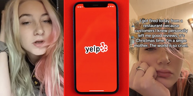 Woman talking(l), Yelp app on phone(c), Text over woman's face(r)