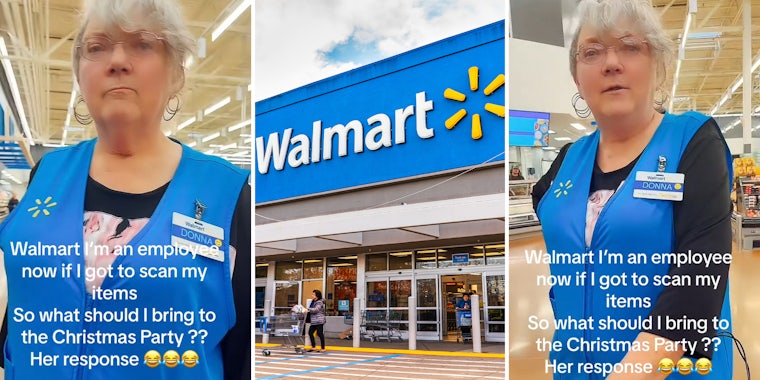 Customer asks Walmart worker for company Christmas party details after having to check self out, bag own groceries