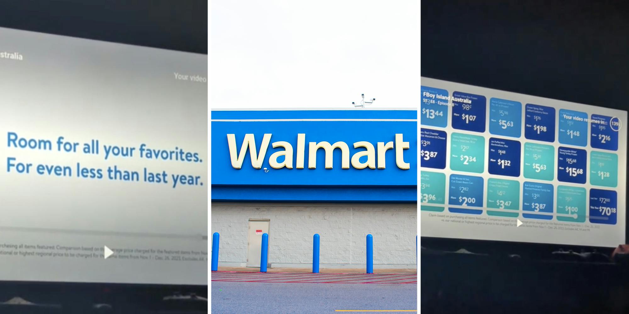 Walmart commercial(l+r), Walmart store(c)