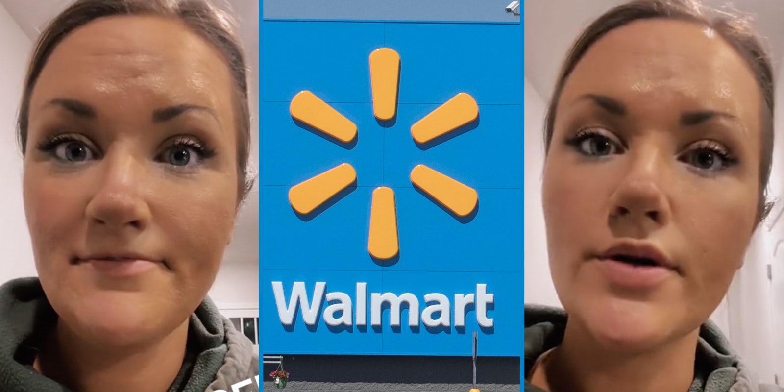 Woman talking(l+R), Walmart store(c)