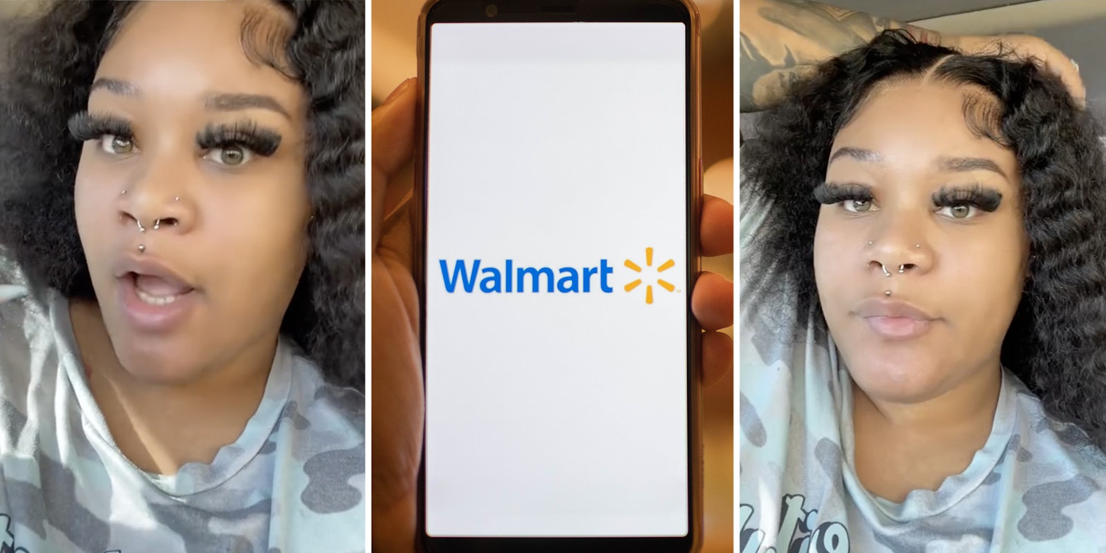 Woman talking(l+r), Walmart app on phone(c)