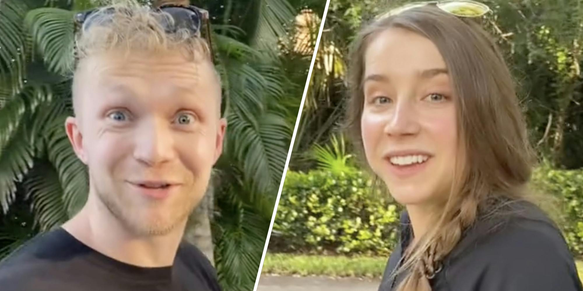 Man smiling at camera(l), Woman smiling at camera(r)