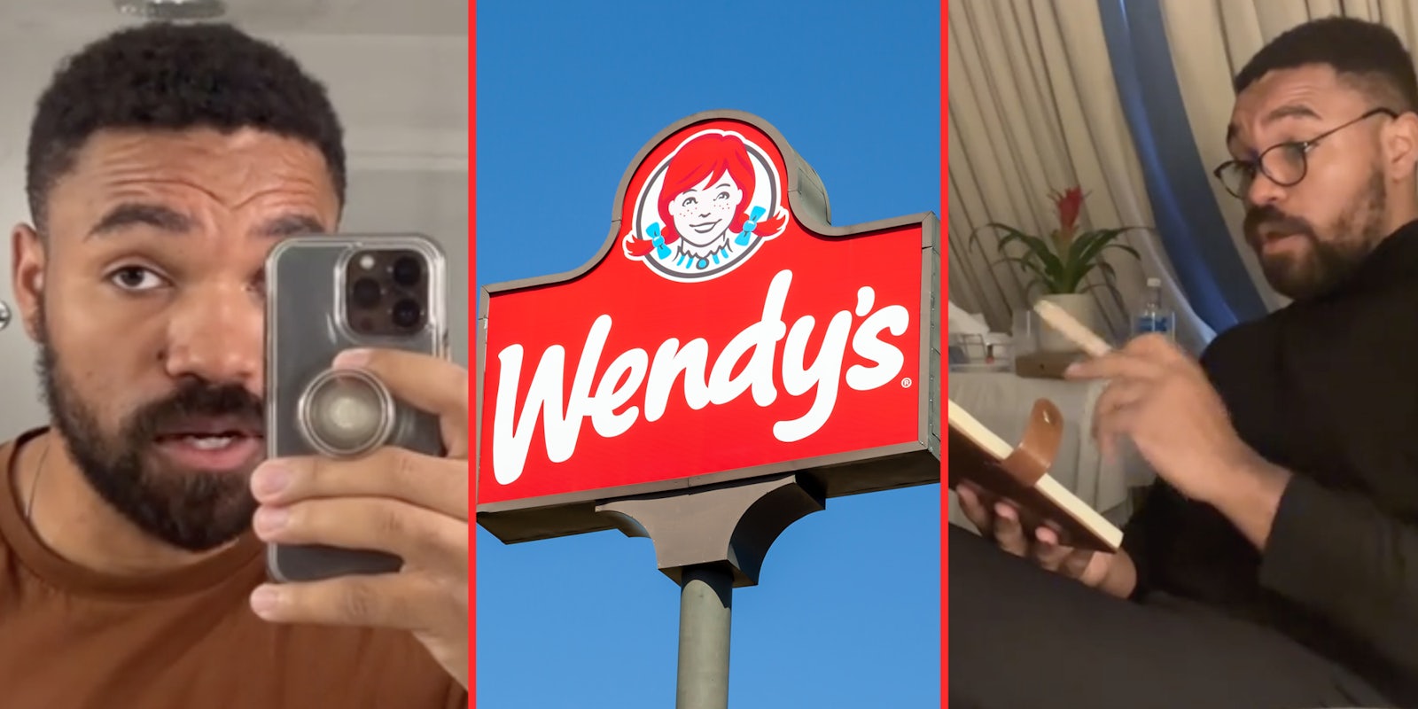 Man with phone in front of face(l), Wendy's sign(c), Classy man(r)