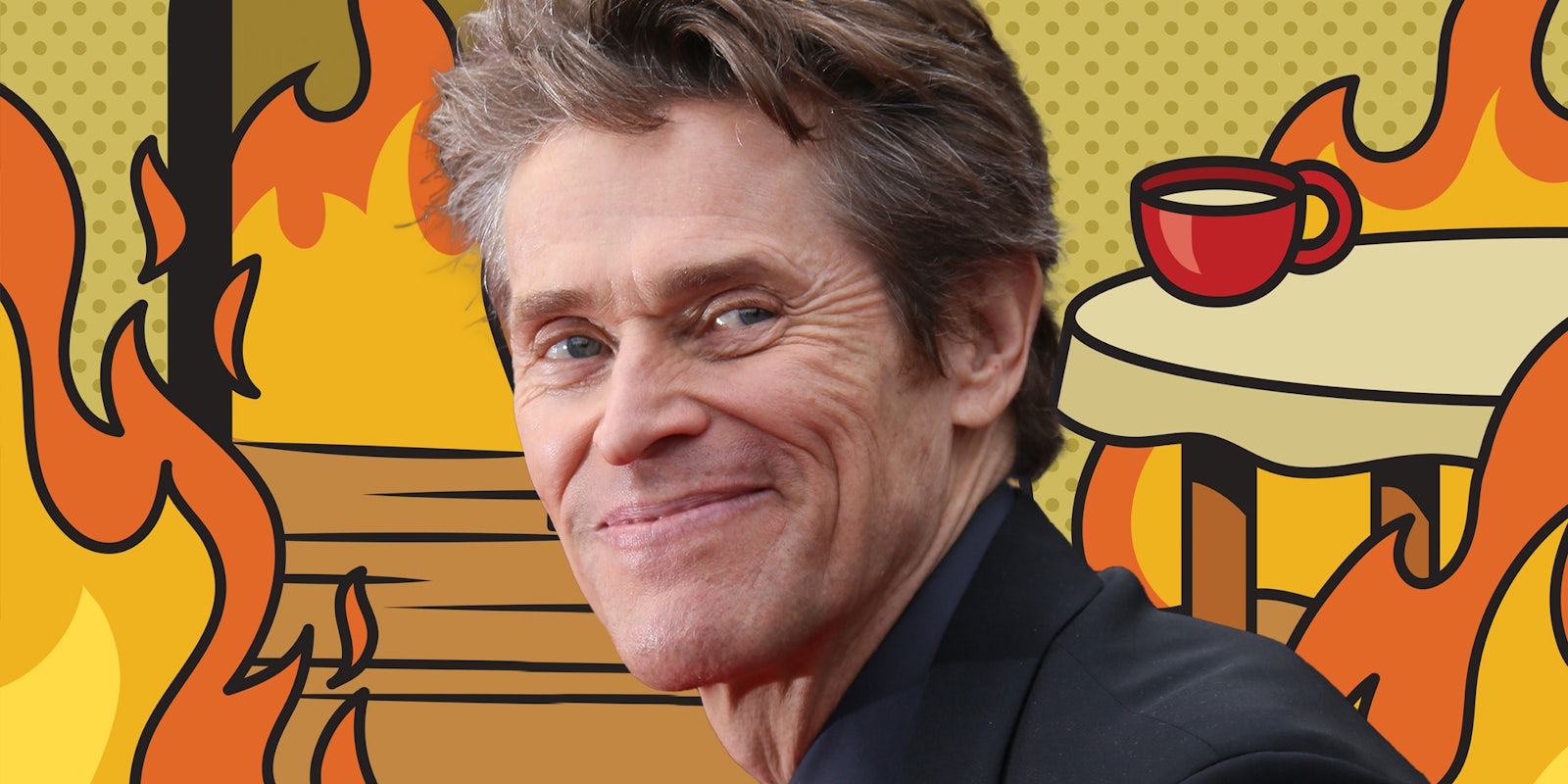 Willem Dafoe in front of flames house meme