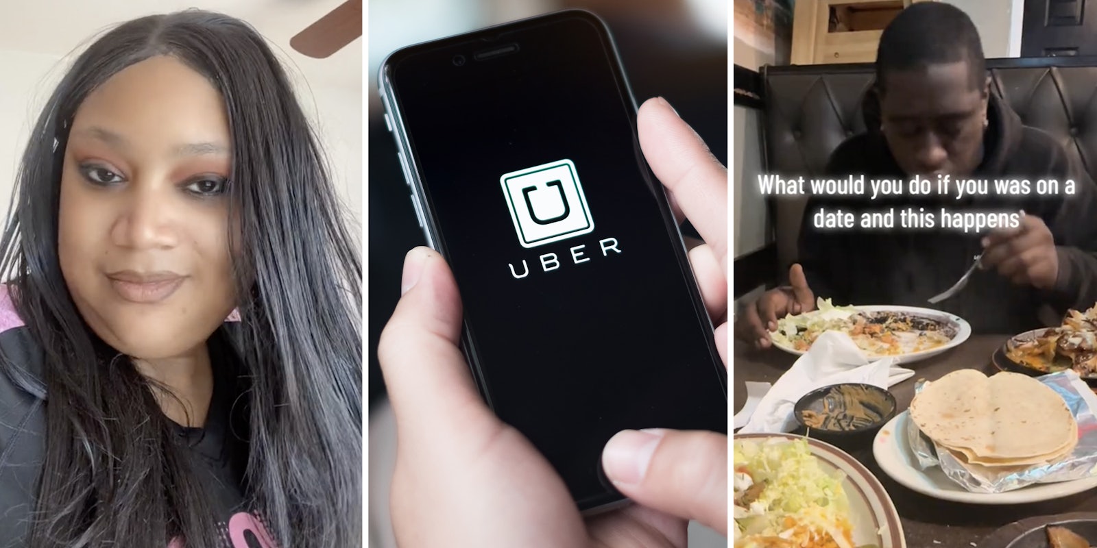 Woman(l), Hand holding phone with uber app(c), Man eating(r)