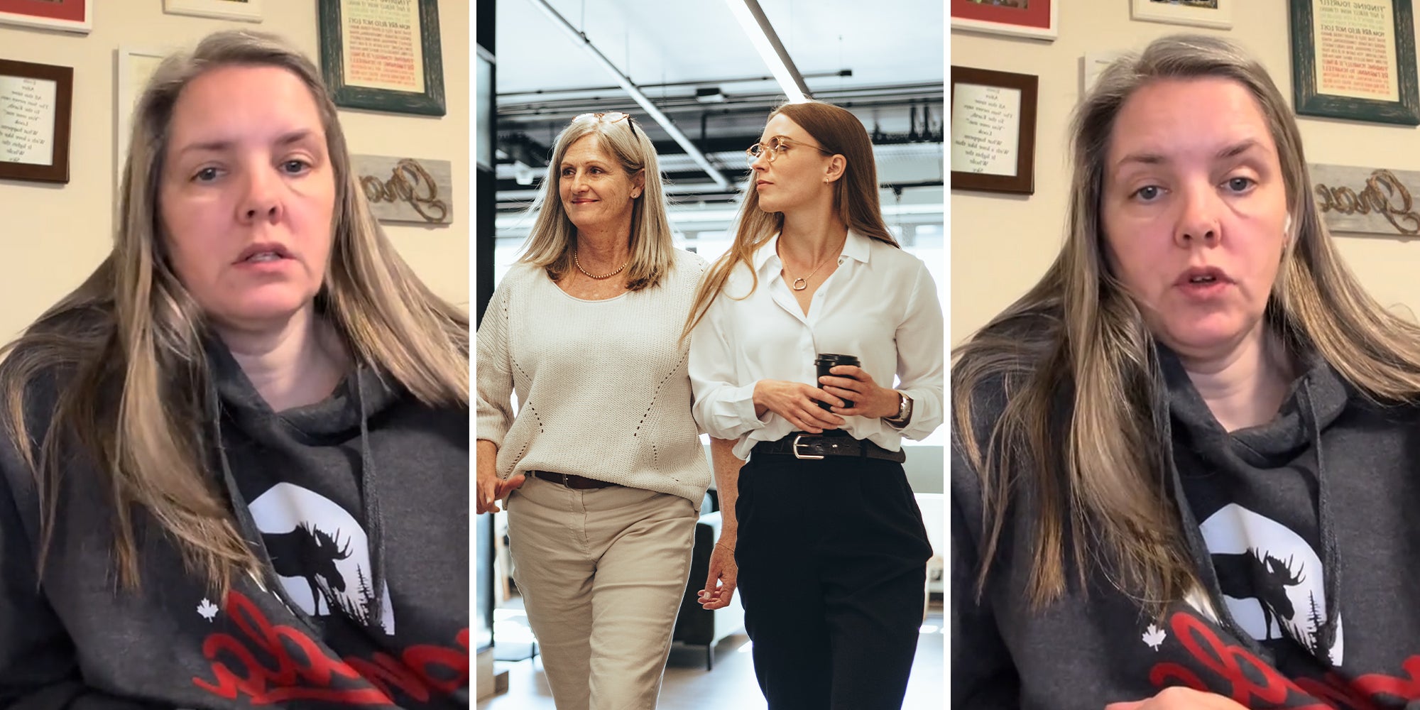 Screenshots of a woman talking into the camera. In the middle is a stock photo of two women. 