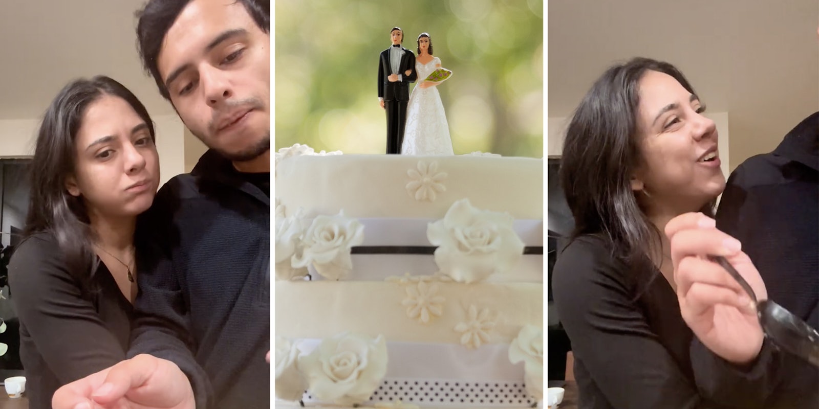 Couple confused(l), Wedding cake(c), Woman laughing(r)
