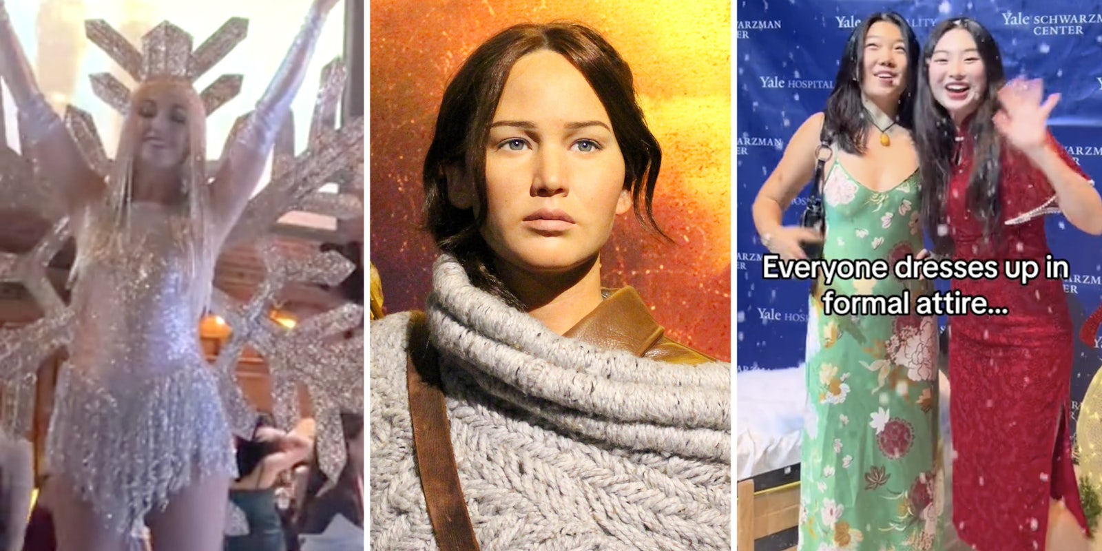 Woman at party(l), Katniss Everdeen from Hunger Games(c), Woman in formal attire(r)