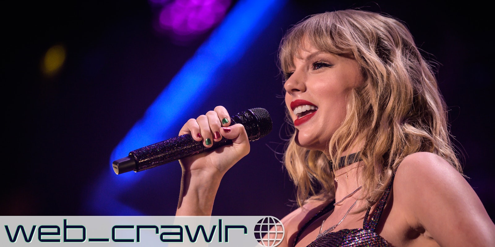 Taylor Swift holding a microphone. The Daily Dot newsletter web_crawlr logo is in the bottom left corner.