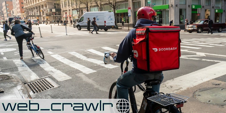 A person on a bike with a DoorDash delivery box on their back. The Daily Dot newsletter web_crawlr logo is in the bottom left corner.