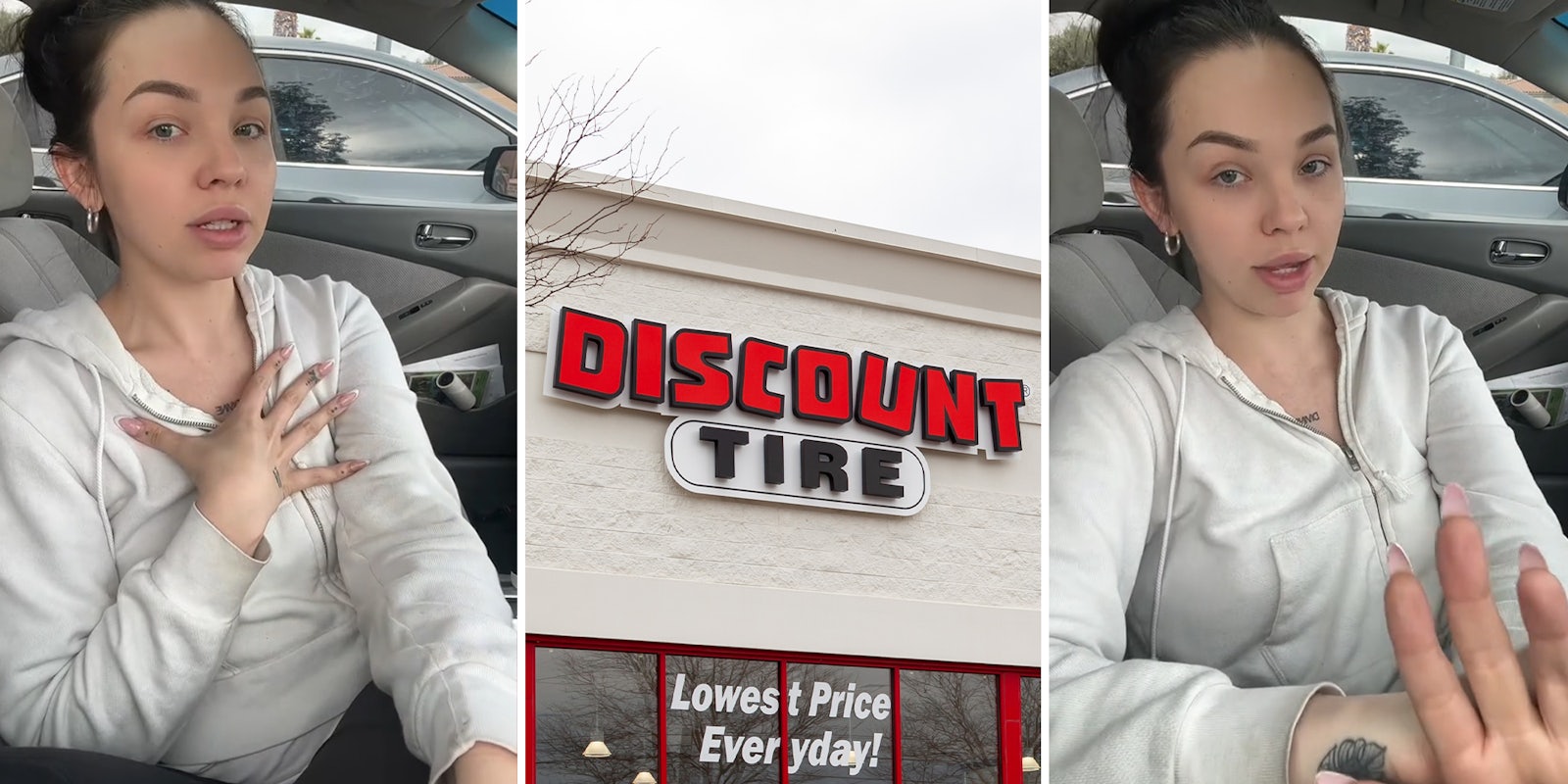 Discount Tire customer goes in to air up one tire. She gets talked into buying 4 new ones
