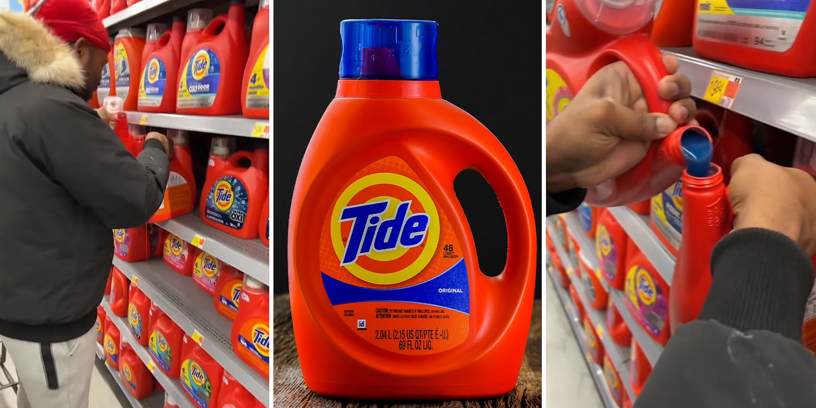 Shopper catches friend pouring Tide detergent from one container into the next