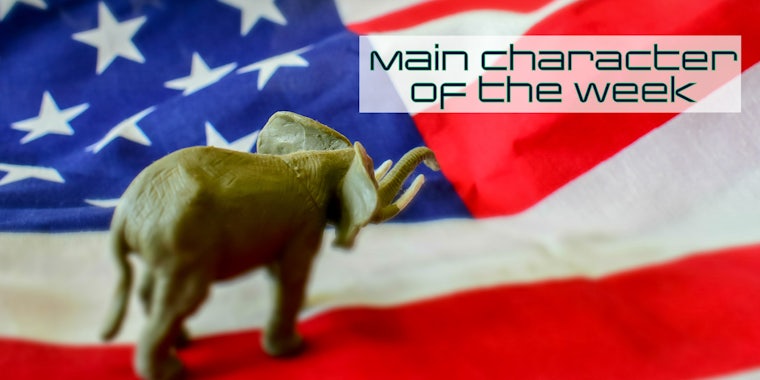 An elephant on an American flag. Text that says 'Main Character of the Week' in the Daily Dot newsletter web_crawlr font is in the top right corner.