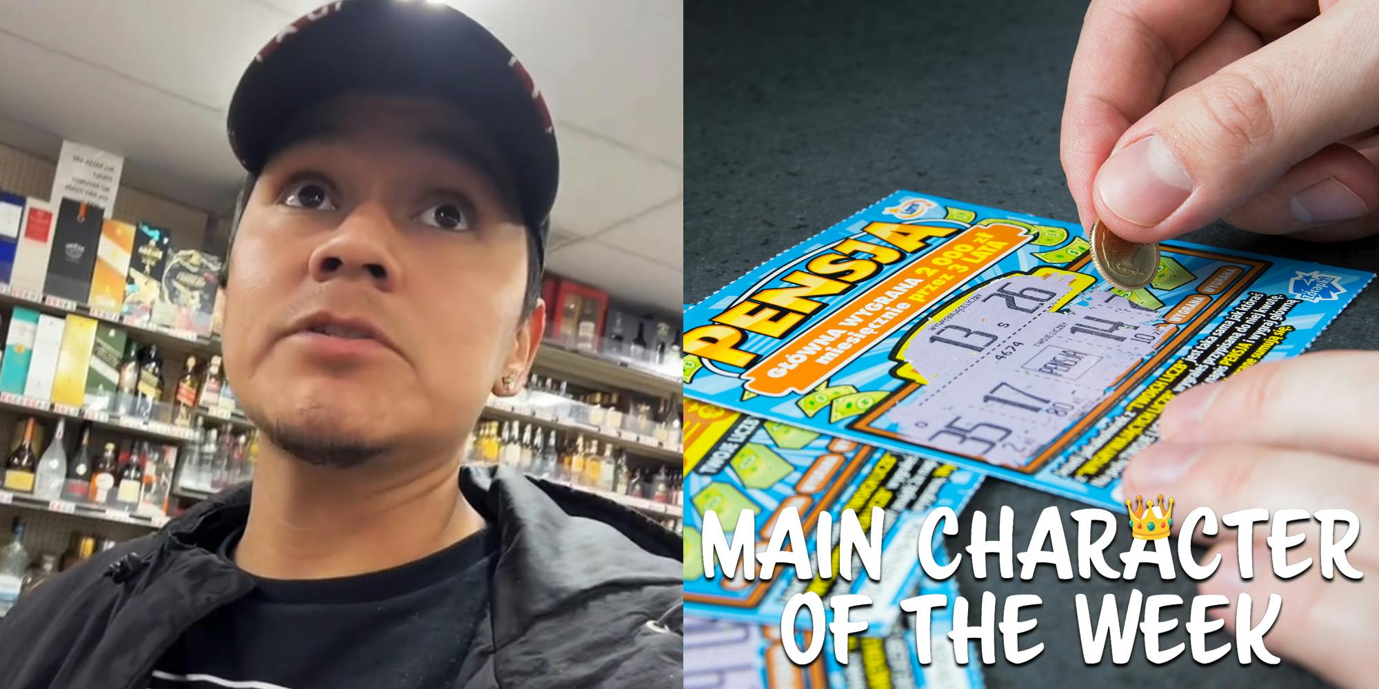 A person speaking to the camera next to a person doing a scratch off card. There is text that says 'Main Character of the Week'