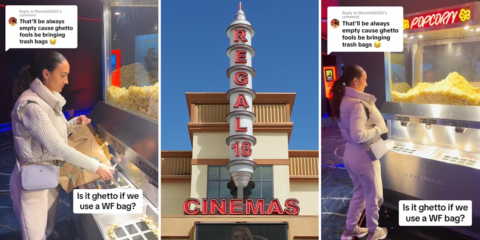 Woman fills up Whole Foods bag with popcorn at Regal Cinemas during unlimited deal