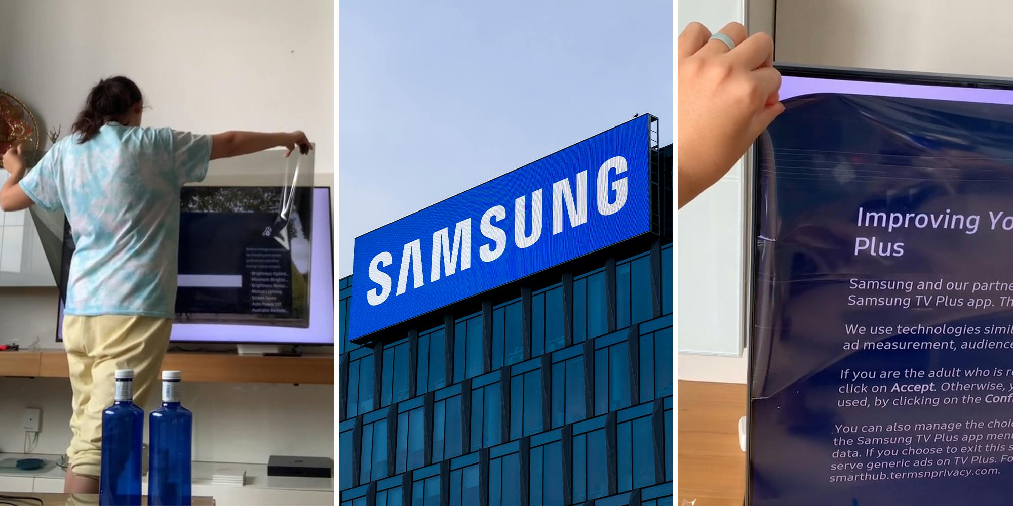 Eine Frau zieht die Displayschutzfolie eines Samsung-Fernsehgeräts ab.  Es war der Bildschirm