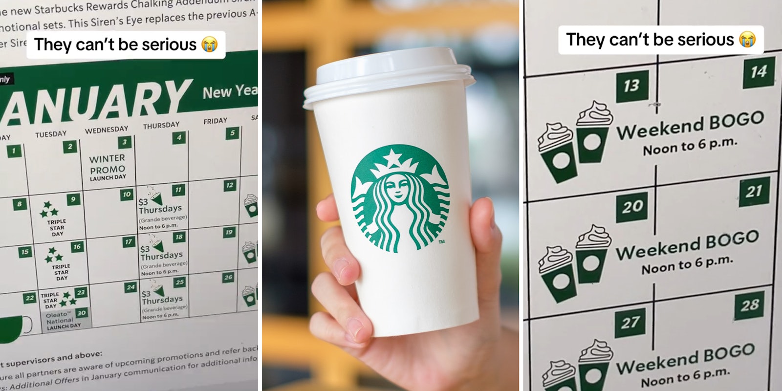 Starbucks barista shows schedule full of promotions like Weekend BOGO and $3 Thursdays