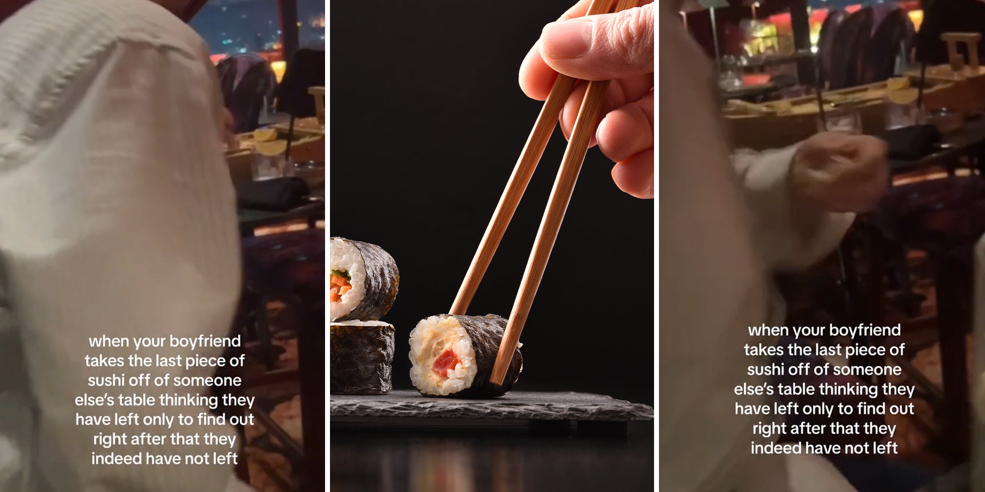 Man takes uneaten piece of sushi off neighboring table after thinking the customers left