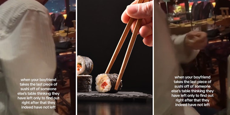 Man takes uneaten piece of sushi off neighboring table after thinking the customers left