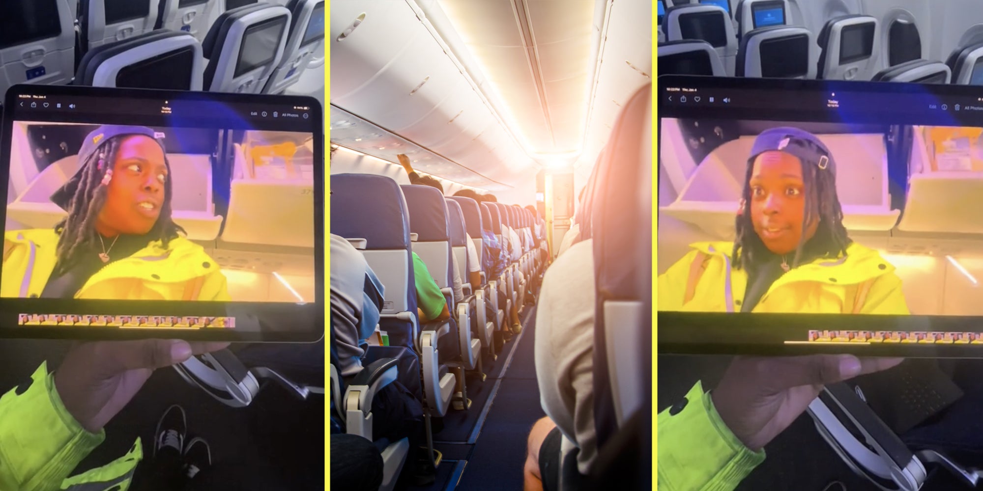 Airline worker holding ipad with video of them recorded(l+r), Airline aisle(c)