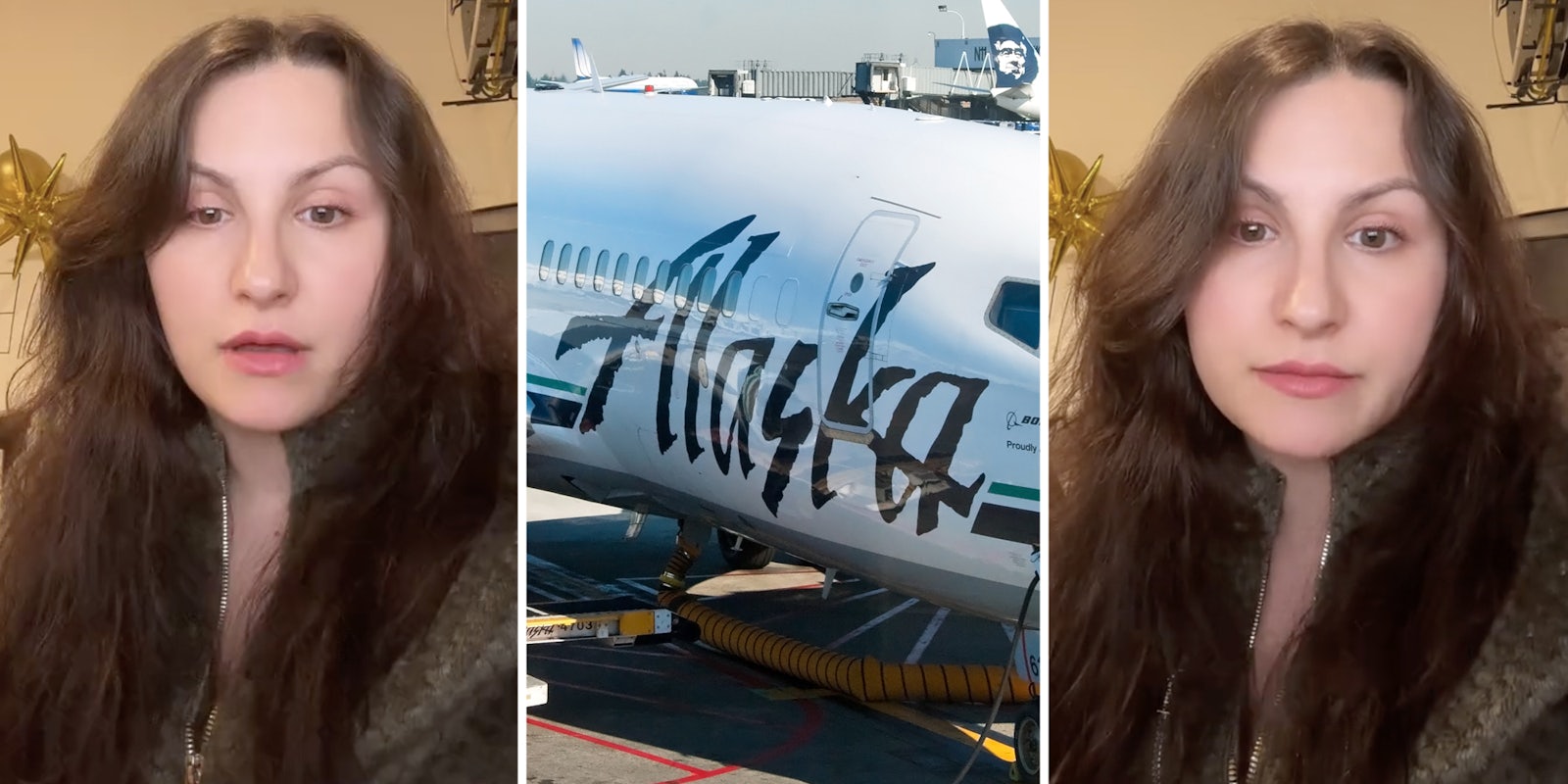 Woman talking(l+r), Alaska airline plane(c)