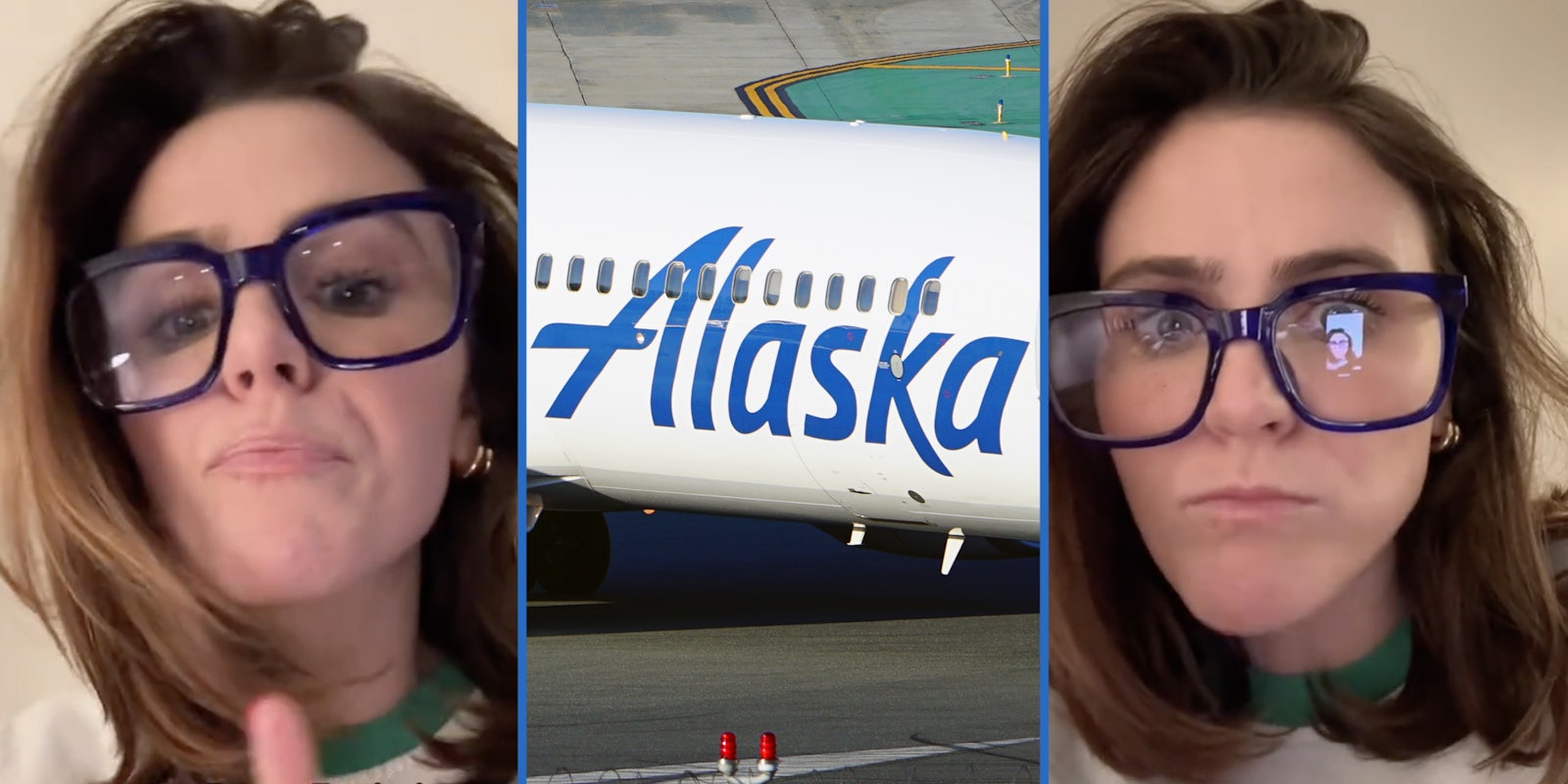 Woman talking(l+r), Alaska Airlines airplane(c)