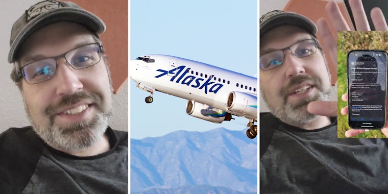 Man talking(l), Alaska Airlines airplane(c), Man showing green screen of found phone(r)