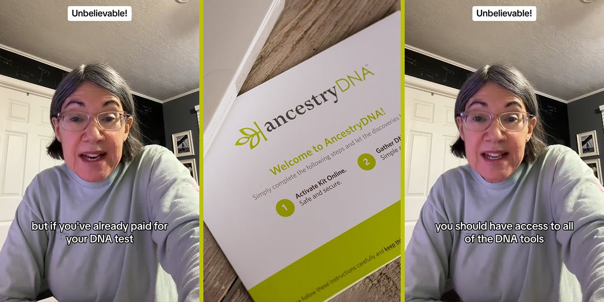 woman speaking with caption Unbelievable! but if you've already paid for your DNA test" (l) ancestryDNA card (c) woman speaking with caption Unbelievable! you should have access to all of the DNA tools" (r)