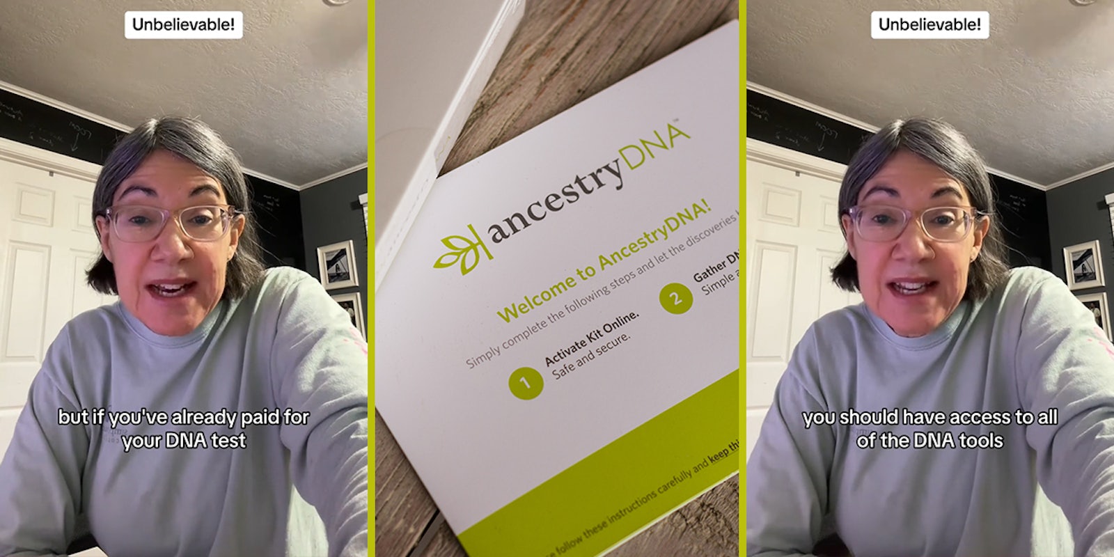 woman speaking with caption Unbelievable! but if you've already paid for your DNA test' (l) ancestryDNA card (c) woman speaking with caption Unbelievable! you should have access to all of the DNA tools' (r)