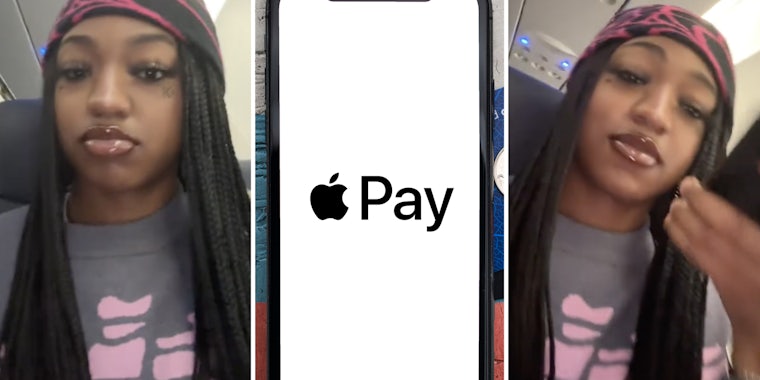 Woman(l+r), Apple pay on phone(c)